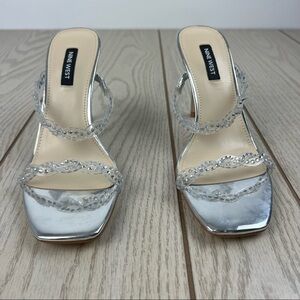 Nine West Ziggle Heeled Slide Gem Embellished Sandals 8 Clear Silver Tone $89